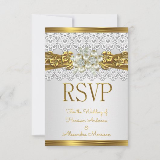 Invitation RSVP Mariage White Pearl Or dentelle florale (Devant)
