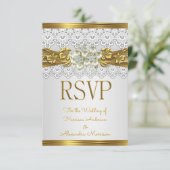 Invitation RSVP Mariage White Pearl Or dentelle florale (Debout devant)