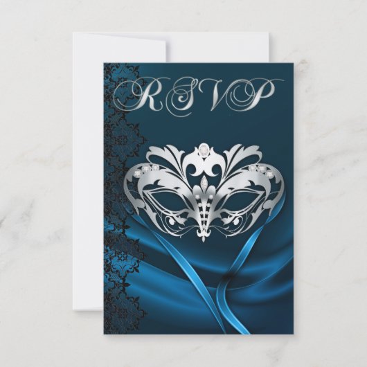 Invitation RSVP Mascarade Argentée Bijou Bleu (Devant)