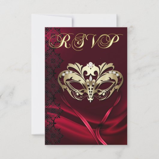 Invitation RSVP Masquerade Doré Bijou Rouge (Devant)