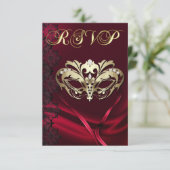 Invitation RSVP Masquerade Doré Bijou Rouge (Debout devant)