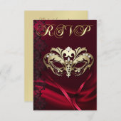 Invitation RSVP Masquerade Dorée avec Bijou Rouge (Devant / Derrière)