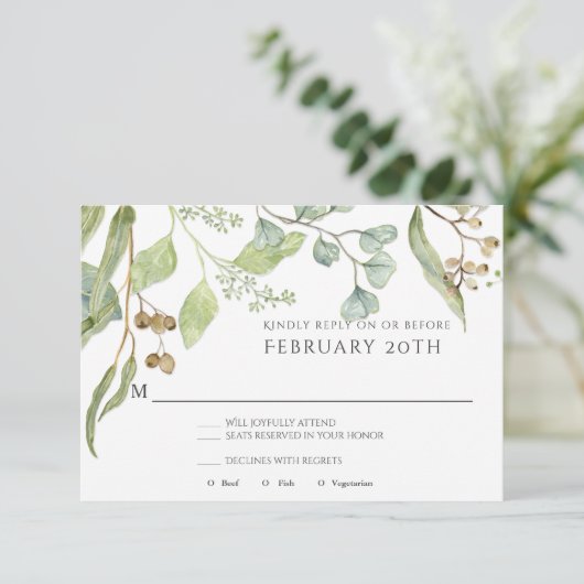 Invitation RSVP Moderne Aquarelle simple Eucalyptus Mariage (Debout devant)