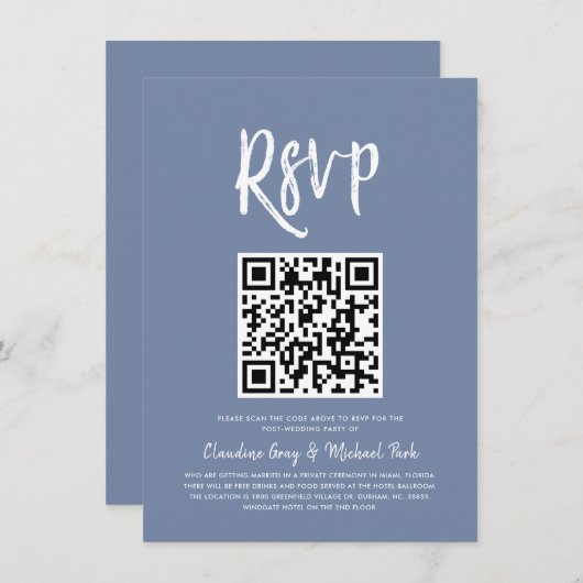 Invitation RSVP par code QR | Style de script bleu pigeon RSV (Devant / Derrière)