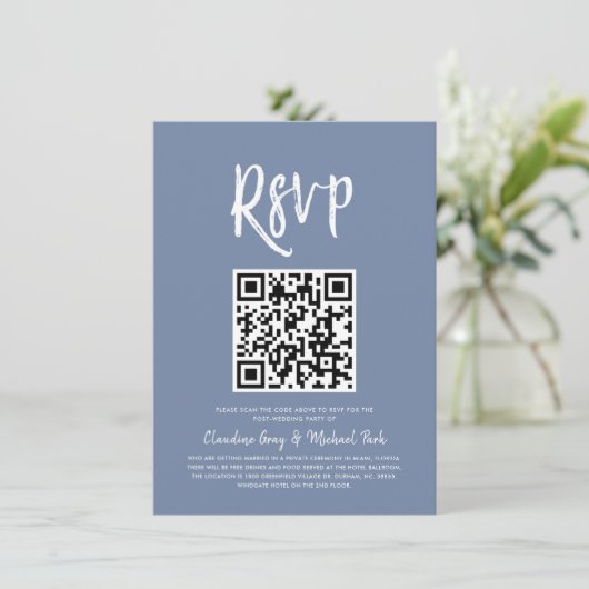 Invitation RSVP par code QR | Style de script bleu pigeon RSV (Debout devant)
