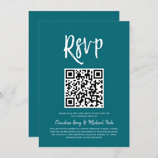 Invitation RSVP par code QR | Style de script Turquoise RSVP (Devant / Derrière)