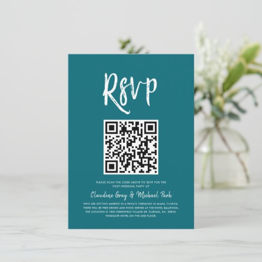 Invitation RSVP par code QR | Style de script Turquoise RSVP (Debout devant)