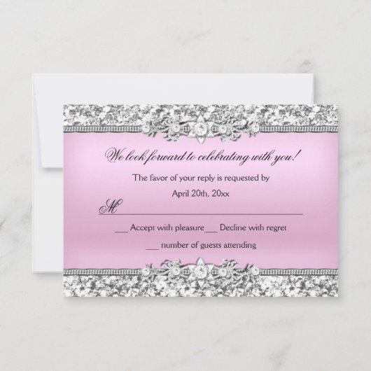 Invitation RSVP Parties scintillant rose argent Bijou Bow Qui (Dos)