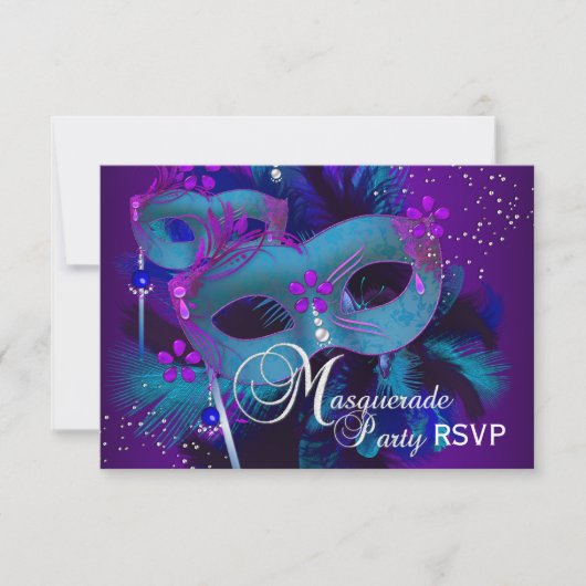 Invitation RSVP pour la soirée masquée aux masques sarcelle e (Devant)