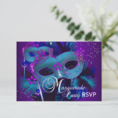 Invitation RSVP pour la soirée masquée aux masques sarcelle e (Debout devant)