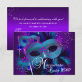 Invitation RSVP pour la soirée masquée aux masques sarcelle e (Devant / Derrière)
