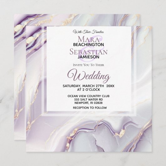 Invitation *~* RSVP QR GOLD LAVENDER MARBLe AR66 Mariage (Devant / Derrière)