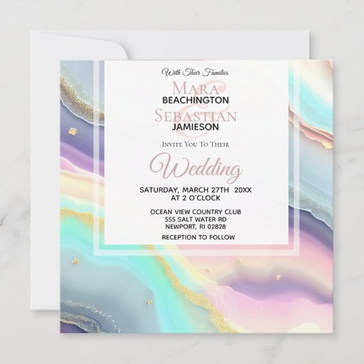 Invitation *~* RSVP QR PASTEL AGATE AR66 Gold Mariage (Devant)