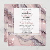 Invitation *~* RSVP QR Silver BLUSH PINK AGATE AR66 Mariage (Devant / Derrière)