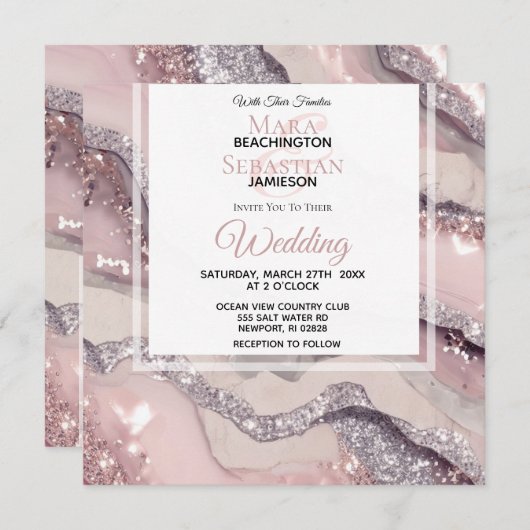 Invitation *~* RSVP QR Silver BLUSH PINK AGATE AR66 Mariage (Devant / Derrière)