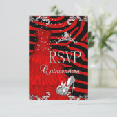 Invitation RSVP Quinceanera 15e Robe Rouge Zebra Chaussure (Debout devant)