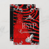 Invitation RSVP Quinceanera 15e Robe Rouge Zebra Chaussure (Devant / Derrière)