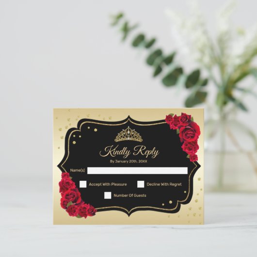 Invitation RSVP Quinceanera Party - Gold Black Red Card (Debout devant)