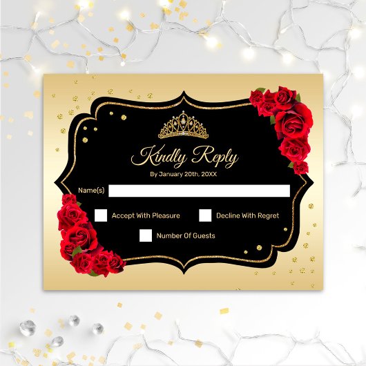 Invitation RSVP Quinceanera Party - Gold Black Red Card