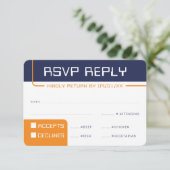 Invitation RSVP RÉPONSE Jeu moderne marine bleu orange (Debout devant)