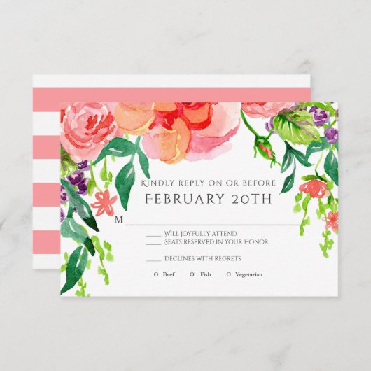 Invitation RSVP Rose d'aquarelle moderne Mariage à rayures fl (Devant / Derrière)