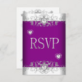 Invitation RSVP Rose Fuchsia Mariage Blanc Diamant Coeurs (Devant / Derrière)