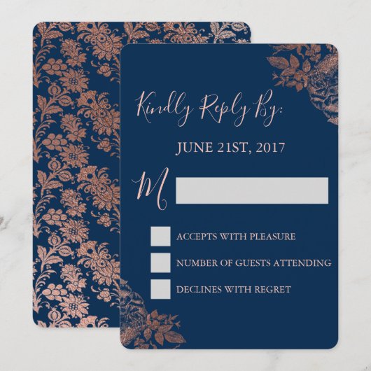 Invitation RSVP - Rose Gold Rose et Bleu Marine Floral (Devant / Derrière)