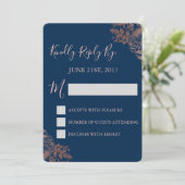 Invitation RSVP - Rose Gold Rose et Bleu Marine Floral (Debout devant)