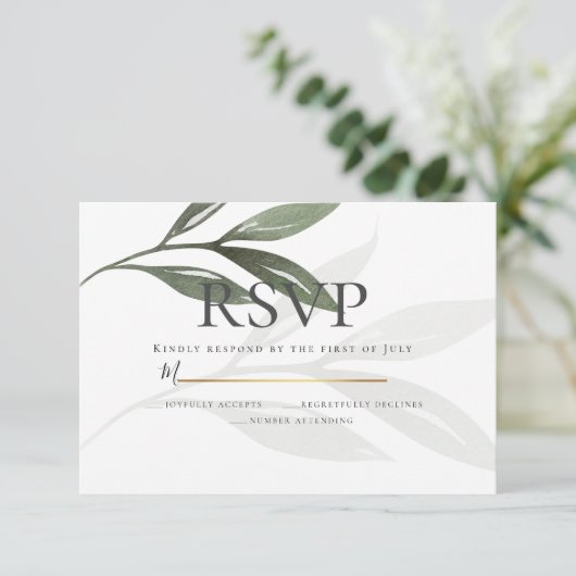 Invitation RSVP | Sage Green Olive Branch Feuilles d'aquarell (Debout devant)