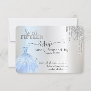 Invitation RSVP Sweet 15 Robe Bleue Gouttes Argent