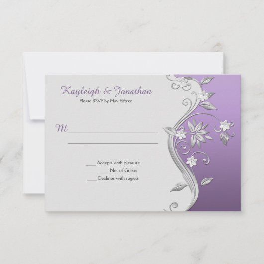 Invitation RSVP tourbillons fleurs lavande violette ornée arg (Devant)