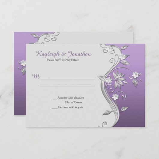 Invitation RSVP Tourbillons Fleurs Violet Lavande Argenté Orn (Devant / Derrière)