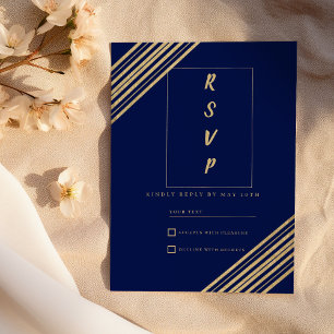 Invitation RSVP typographie géométrique bleu marine or