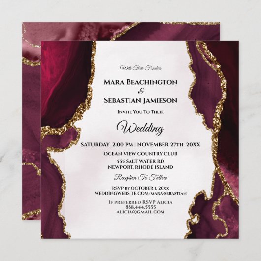 Invitation *~* RSVP Website AGATE AR13 Gold Maroon Mariage (Devant / Derrière)