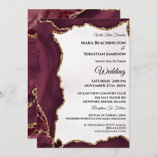 Invitation *~* RSVP Website AGATE Gold Maroon AR13 Mariage (Devant / Derrière)