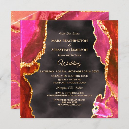 Invitation *~* RSVP Website AGATE Pink Gold AR13 Mariage (Devant / Derrière)