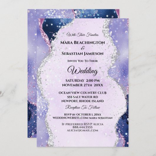 Invitation *~* RSVP Website Lavender AGATE Waves AR13 Mariage (Devant / Derrière)