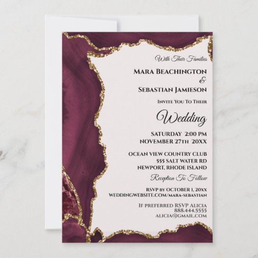 Invitation *~* RSVP Website Maroon AGATE Gold AR13 Mariage (Devant)