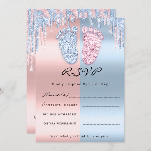 Invitation RSVPGender Révéler pieds Parties scintillant rose  (Devant / Derrière)