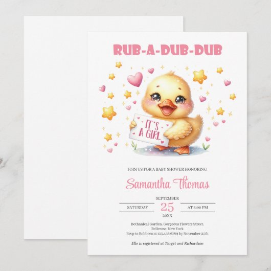 Invitation Rub a dub dub fille canard bébé (Devant / Derrière)