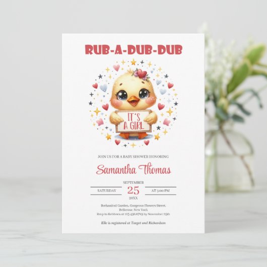 Invitation Rub a dub dub mignon bébé canard fille (Debout devant)