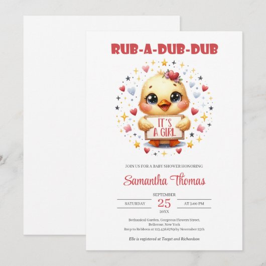 Invitation Rub a dub dub mignon bébé canard fille (Devant / Derrière)