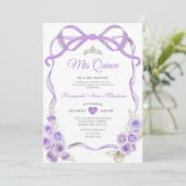 Invitation Ruban à bow fleuri pourpre Dusty Silver Mis Quince (Debout devant)