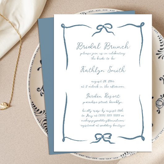 Invitation Ruban à main Dusty Bleu Moderne Brunch nuptial