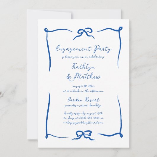 Invitation Ruban à main tiré Français Blue Engagement Party (Devant)