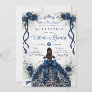 Invitation Ruban à nœud floral bleu marine Quinceañera Annive