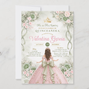 Invitation Ruban à nœud rose et sauge Quinceañera  XV Party