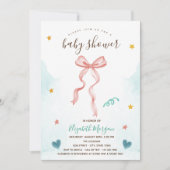 Invitation Ruban à nœud rose étoiles cœurs Baby Shower (Devant)