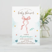 Invitation Ruban à nœud rose étoiles cœurs Baby Shower (Debout devant)