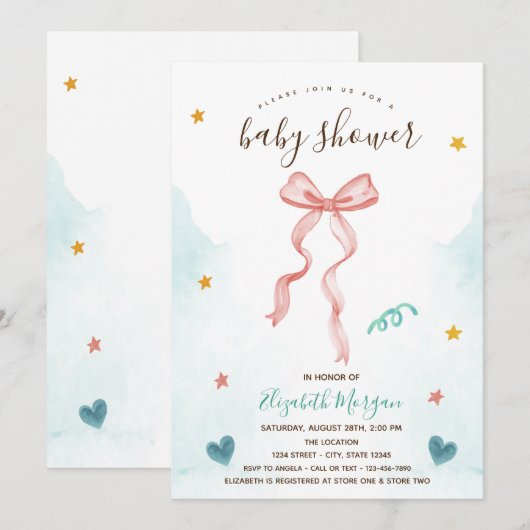 Invitation Ruban à nœud rose étoiles cœurs Baby Shower (Devant / Derrière)